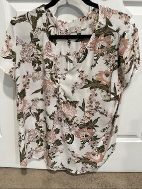 LOFT Cream Blouse with Pink and Olive Floral Print